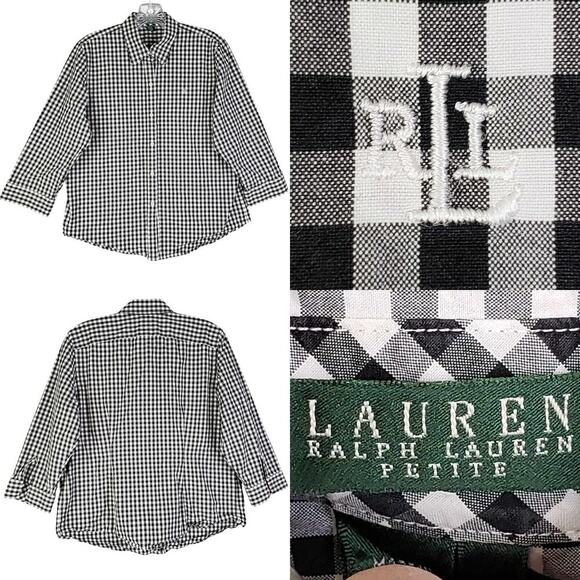 Polo Ralph Lauren RLL Shirt Black Check Button Down 3/4 Sleeve Size Large Petite - Picture 1 of 11